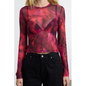 Kadın Moda Şık Crop Bisiklet Yaka Slim Kalıp Örme Baskılı Tül Fitted Vücuda Oturan Esnek Bluz