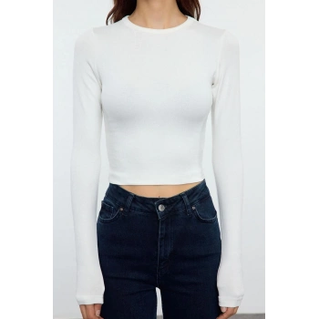 Kadın Moda Şık Üst Giyim Crop Bisiklet Yaka Slim Kalıp Örme Viskoz Yumuşak Kumaşlı Fitted Esnek Bluz