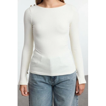 Kadın Şık Regular V Yaka Regular Kalıp Örme Kayık Yaka Fitilli Esnek Fit Kollu  Bluz