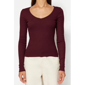 Kadın Şık Regular V Yaka Slim Kalıp Örme Bordo-Taş 2li Paket Fitted Vücuda Oturan Pamuklu Esnek Bluz