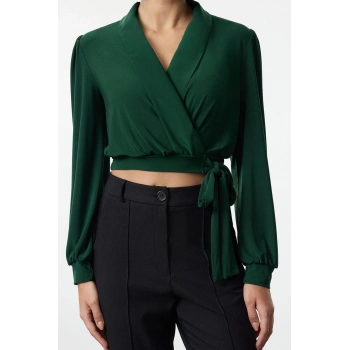 Kadın Moda Şık Üst Giyim Crop V Yaka Balon Kol Regular Kalıp Örme Kruvaze Kapamalı Esnek Bluz