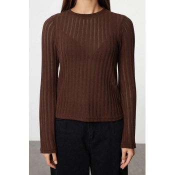 Kadın Moda Şık Regular Bisiklet Yaka Regular Kalıp Örme Transparan Triko Görünümlü Kumaş Boy Bluz