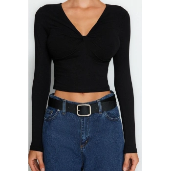 Kadın Moda Şık Regular V Yaka Slim Kalıp Örme Pamuklu Göğsü Büzgülü Fitted Vücuda Oturan Boy Bluz