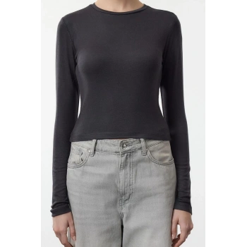 Kadın Moda Şık Üst Giyim Crop Bisiklet Yaka Slim Kalıp Örme Viskon Esnek Bluz