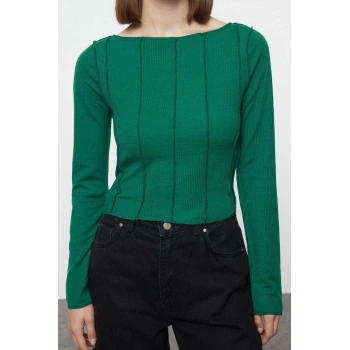 Kadın Kayık Yaka Düşük Kol Slim Kalıp Örme Dikiş Carmen Yaka Fitted Vücuda Oturan Fitilli Bluz