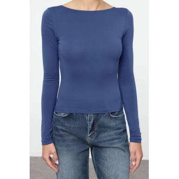 Kadın Şık Regular Kayık Yaka Slim Kalıp Örme Pamuklu Sırt Dekolteli Fitted Vücuda Oturan Esne Bluz