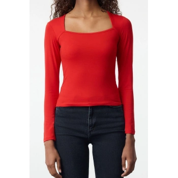 Kadın Moda Şık Crop Kare Yaka Slim Kalıp Örme Pamuklu Esnek Fitted Vücuda Oturan Esnek Bluz