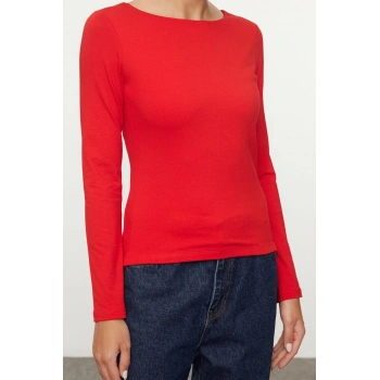 Kadın Moda Şık Üst Giyim Crop Kayık Yaka Slim Kalıp Örme Pamuklu Fitted Vücuda Oturan Esnek Bluz