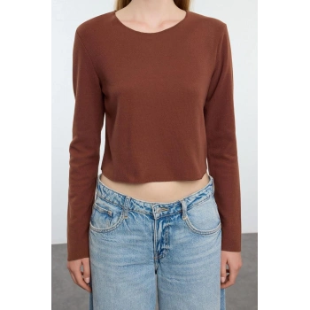 Kadın Moda Şık Crop Bisiklet Yaka Regular Kalıp Örme Düşük Omuzlu Selanik Triko Görünümlü Bluz