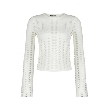 Kadın Moda Şık Üst Giyim Crop Bisiklet Yaka İspanyol Kol Regular Kalıp Örme Fileli Slim Fit Bluz