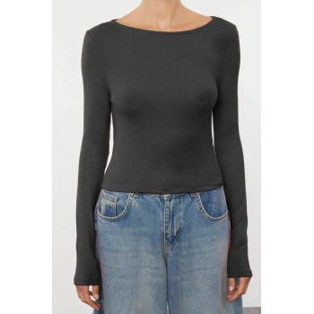 Kadın Moda Şık Üst Giyim Regular Kayık Yaka Slim Kalıp Örme Vücuda Oturan Boy Bluz