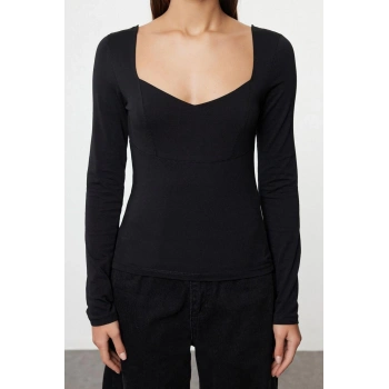 Kadın Moda Şık Regular Kalp Yaka Slim Kalıp Örme Fitted Vücuda Oturan Kollu Pamuklu Esnek Bluz