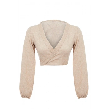 Kadın Moda Şık Regular Kruvaze Yaka İspanyol Kol Slim Kalıp Örme Yumoş Bağlama Detaylı Kollu Bluz