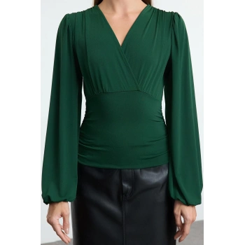 Kadın Moda Şık Regular Kruvaze Yaka Balon Kol Slim Kalıp Örme Büzgü Drape Detaylı Kollu Esnek Bluz