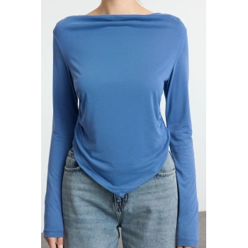 Kadın Moda Şık Regular Degaje Yaka Regular Kalıp Örme Modal Kumaş Drapeli Vatkalı Asimetrik Bluz