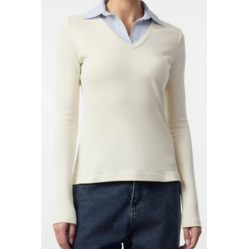 Kadın Moda Şık Uzun Polo Yaka Regular Kalıp Örme Dokuma Detaylı Gömlek Yaka Normal Kalıp Bluz