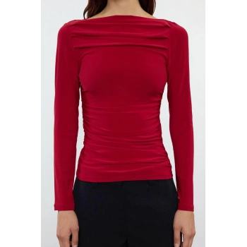 Kadın Moda Şık Üst Giyim Regular Kayık Yaka Slim Kalıp Örme Drapeli Vücuda Oturan Esnek Bluz