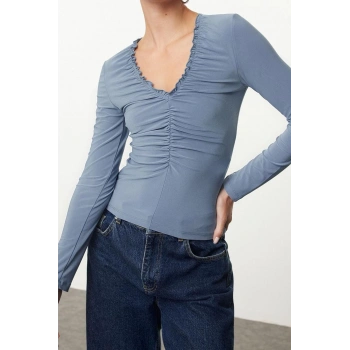 Kadın Moda Şık Üst Giyim Regular V Yaka Slim Kalıp Örme Büzgü Drape Detaylı Vücuda Oturan Esnek Bluz