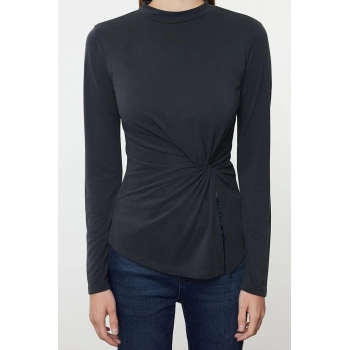 Kadın Regular Dik Yaka Slim Kalıp Örme %100 Modal İçerikli Büzgü Bisiklet Yaka Asimetrik Bluz
