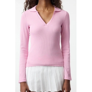 Kadın Regular Polo Yaka Slim Kalıp Örme Triko Yaka Detaylı Fitted Vücuda Oturan Fitilli Esnek Bluz