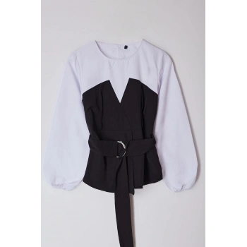 Kadın Moda Şık Üst Giyim Regular Bisiklet Yaka Balon Kol Slim Kalıp Dokuma lu Kemerli Bluz