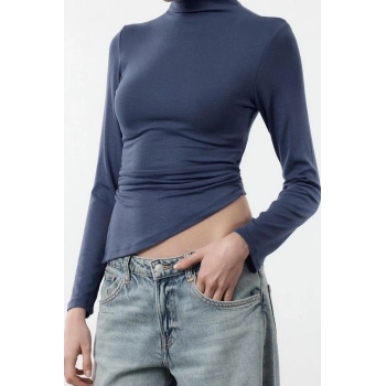 Kadın Moda Şık Üst Giyim Crop Dik Yaka Slim Kalıp Örme Fitted Büzgü Drape Detaylı Bluz