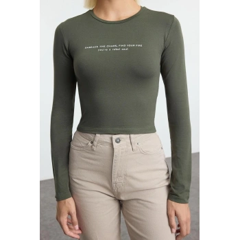 Kadın Moda Şık Üst Giyim Crop Bisiklet Yaka Slim Kalıp Örme Slogan Baskılı Vücuda Oturan Esnek Bluz