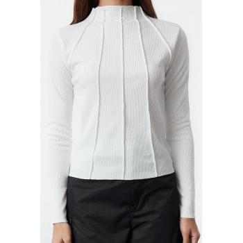 Kadın Standart Bisiklet Yaka Reglan Kol Regular Kalıp Örme Fitted Fermuarlı Biye Fitilli Esnek Bluz