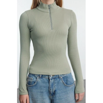 Kadın Moda Şık Üst Giyim Regular Fermuarlı Yaka Slim Kalıp Örme Fitted vücuda Oturan Esnek Bluz