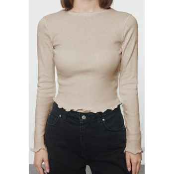 Kadın Moda Şık Üst Giyim Crop Bisiklet Yaka Slim Kalıp Örme Fitted Vücuda Oturan Fitilli Esnek Bluz