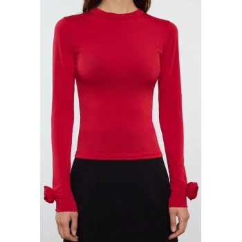 Kadın Moda Şık Regular Dik Yaka Slim Kalıp Örme Gül Detaylı Fitted Vucuda Oturan Kollu Esnek Bluz