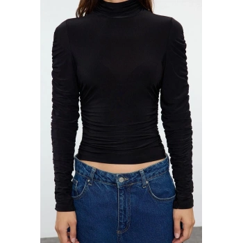 Kadın Moda Şık Regular Balıkçı Yaka Fitted Kalıp Örme Büzgü Drape Detaylı Vücuda Oturan Bluz