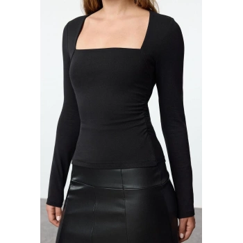 Kadın Moda Şık Üst Giyim Regular Kare Yaka Slim Kalıp Örme Büzgü Drape Detaylı Vücuda Oturan Bluz