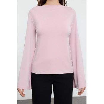 Kadın Moda Şık Üst Giyim Regular Kayık Yaka İspanyol Kol Relaxed Kalıp Örme Rahat Kalıp Esnek Bluz