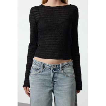 Kadın Moda Şık Regular Bisiklet Yaka Slim Kalıp Örme Fitted Vücuda Oturan Dokulu Tül Esnek Bluz