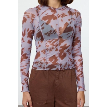 Kadın Şık Crop Bisiklet Yaka Slim Kalıp Örme Karyoka Dikişli Soyut Desenli Vücuda Oturan Kısa Bluz