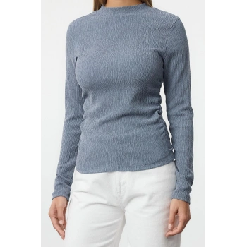 Kadın Moda Şık Üst Giyim Regular Dik Yaka Slim Kalıp Örme Büzgü Drape Detaylı Normal Kalıp Bluz