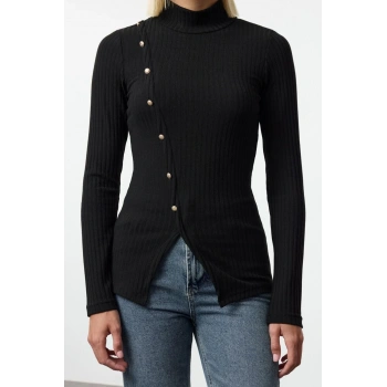 Kadın Şık Regular Dik Yaka Slim Kalıp Örme Fitted Vücuda Oturan  Fitilli Esnek Bluz