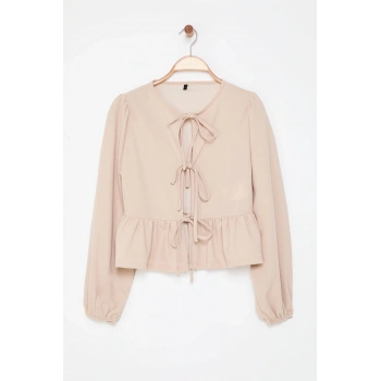 Kadın Şık Regular Bisiklet Yaka Balon Kol Regular Kalıp Örme Bağlama Detaylı Normal Kalıp Esnek Bluz