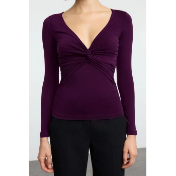 Kadın Moda Şık Crop V Yaka Slim Kalıp Örme Büzgü Drape Detaylı Fitted Vücuda Oturan Kollu Esnek Bluz