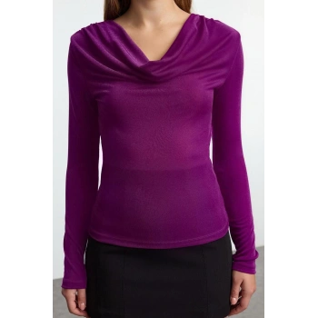 Kadın Moda Şık Üst Giyim Regular Degaje Yaka Slim Kalıp Örme Vücuda Oturan Esnek Kol Buzzy Bluz