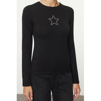 Kadın Moda Şık Regular Bisiklet Yaka Slim Kalıp Örme Yıldız Taş Baskılı Fitted Vücuda Oturan Bluz