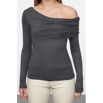 Kadın Moda Şık Üst Giyim Regular Asimetrik Yaka Slim Kalıp Örme Fitted Vücuda Oturan Esnek Bluz