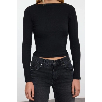 Kadın Moda Şık Regular Kayık Yaka Düşük Kol Slim Kalıp Örme Fitted Vücuda Oturan Fitilli Esnek Bluz