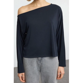 Kadın Moda Şık Regular Kayık Yaka Tek Kol Relaxed Kalıp Örme %100 Modal Kumaş Rahat Kesim Bluz