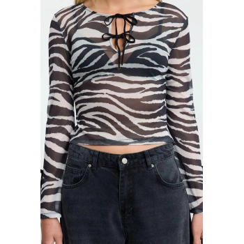Kadın Regular  Slim Kalıp Örme Zebra Baskılı Fitted Vücuda Oturan Esnek Bluz