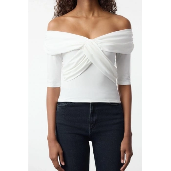 Kadın Moda Şık Üst Giyim Uzun Carmen Yaka Fitted Kalıp Örme Kruvaze Kapama Vücuda Oturan Bluz