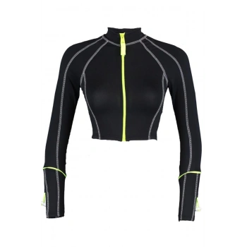 Kadın Moda Şık Üst Giyim Crop Dik Yaka Reglan Kol Fitted Kalıp Örme Fermuarlı Spor Üst Bluz