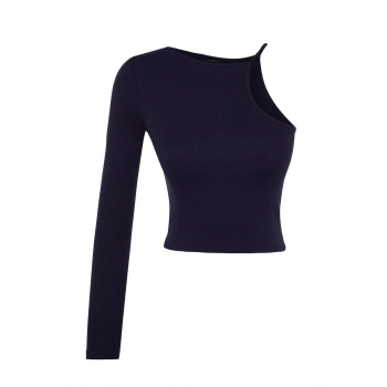 Kadın Moda Şık Crop Bisiklet Yaka Tek Kol Slim Kalıp Örme Fitilli Fitted Vücuda Oturan Esnek Bluz