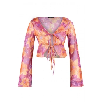 Kadın Crop V Yaka İspanyol Kol Regular Kalıp Örme Çiçek Desenli Bağlama ve Fırfır Esnek Tül Bluz